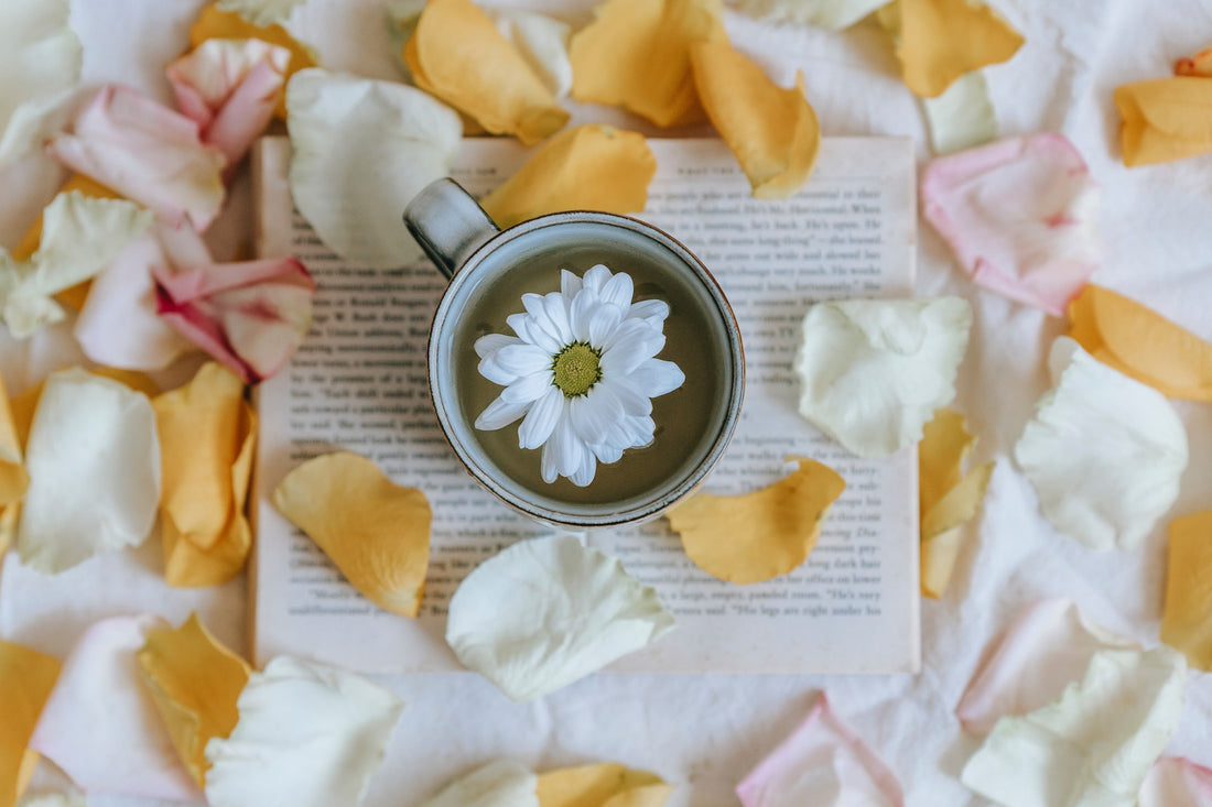 Cup of tea with flower and surrounded by petals