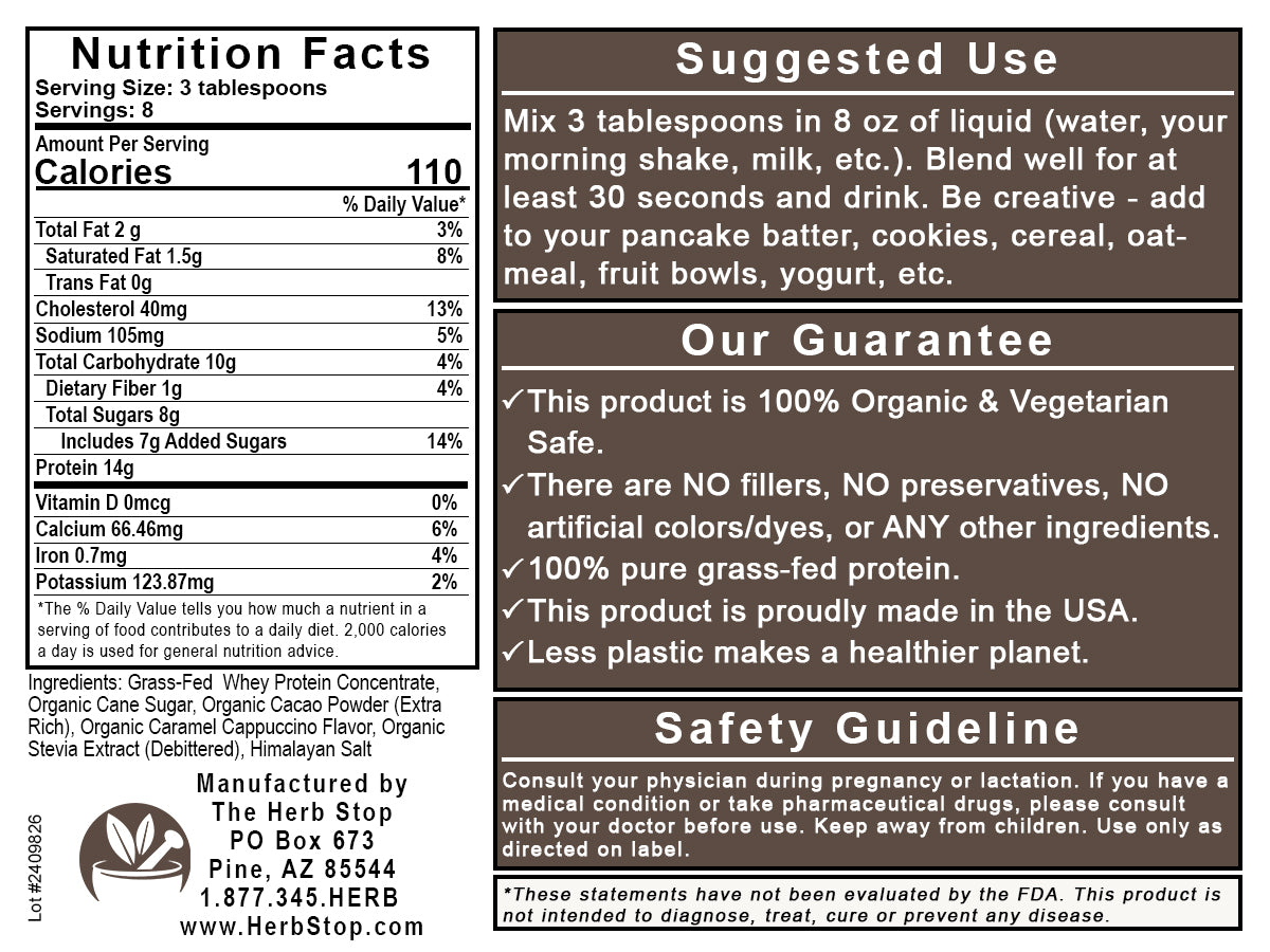 Grass Fed Chocolate Caramel Coffee Whey Protein Label - Back