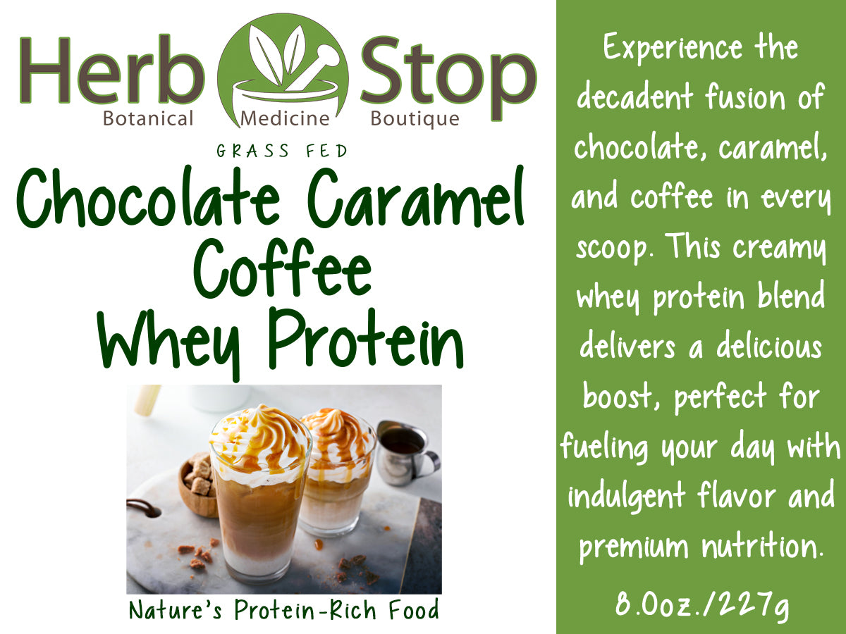 Grass Fed Chocolate Caramel Coffee Whey Protein Label