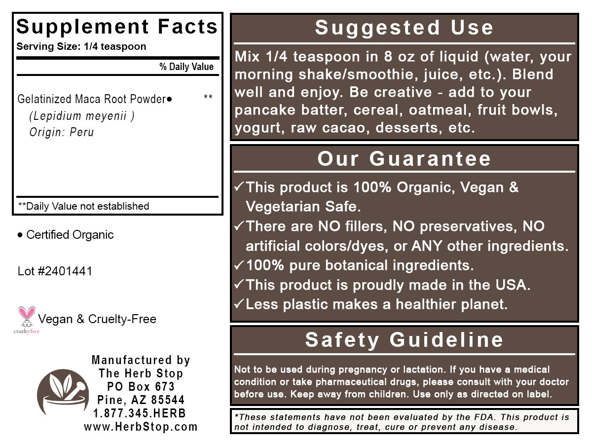 Organic Maca Root Powder Label - Back