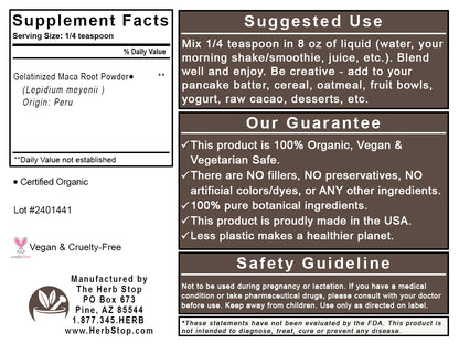 Organic Maca Root Powder Label - Back