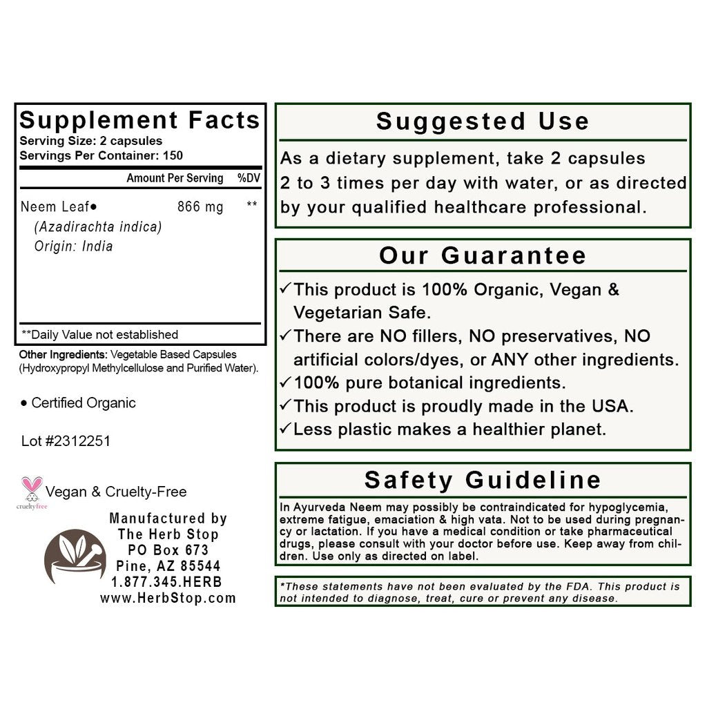 Neem Leaf Capsules Label - Back