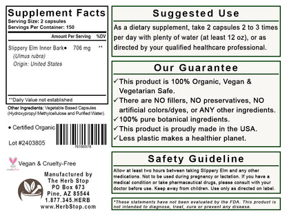 Organic Slippery Elm Capsules Label - Back