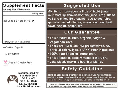 Organic Spirulina Powder Label - Back