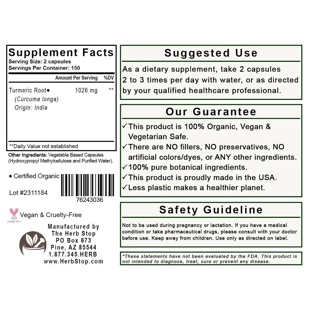 Turmeric Root Capsules Label - Back