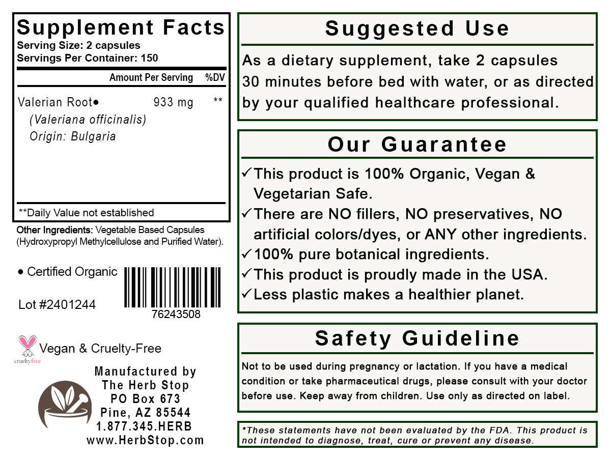 Organic Valerian Root Capsules Label - Back