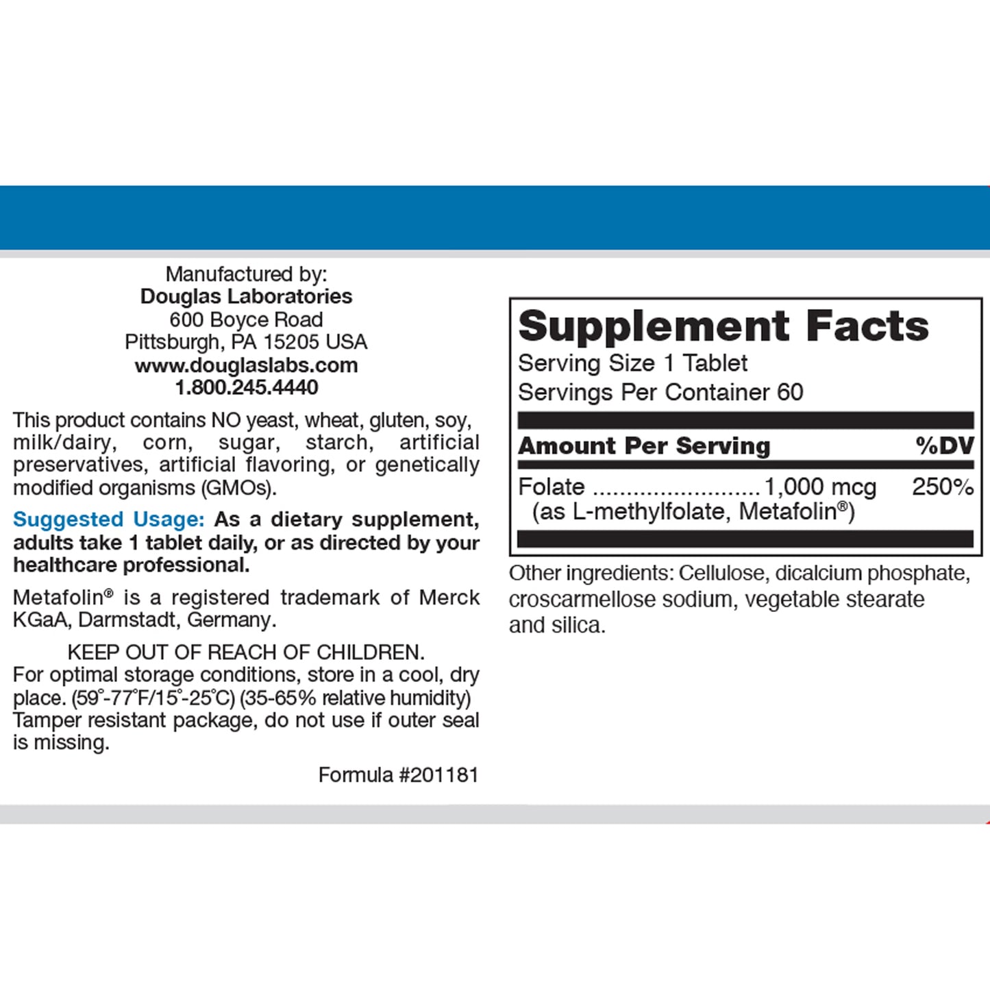 Methyl Folate by Douglas Labs Supplement Facts Label