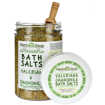 Valerian & Chamomile Bath Salts Open Jar with Scoop