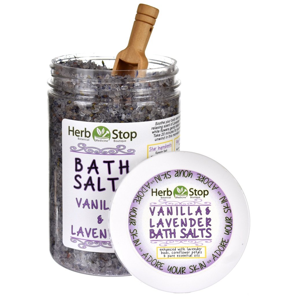 Vanilla & Lavender Bath Salts Open Jar with Scoop